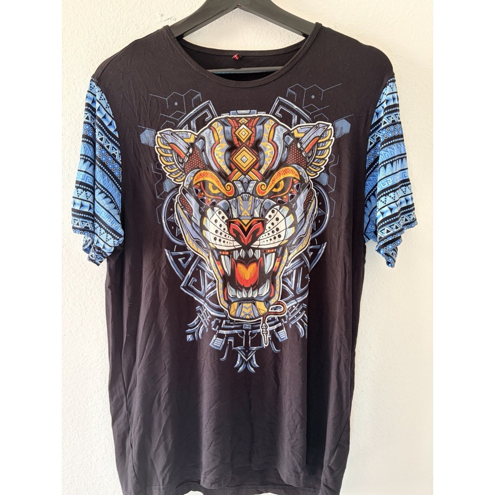Ay Güey! Men's Graphic T-Shirt Black Aztec Jaguar Short Sleeve Size L